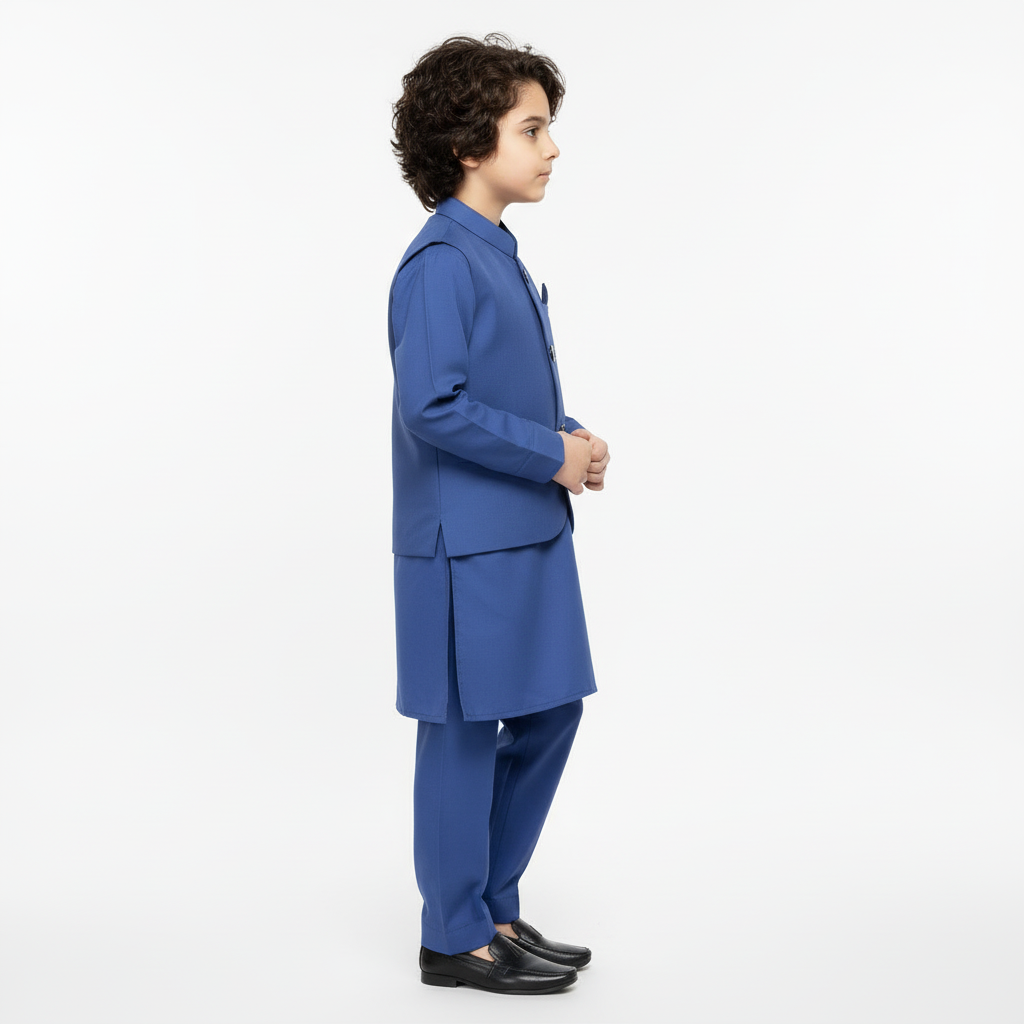 Boys Blue Kurta Shalwar with Plain Waistcoat - Traditional Outfit 4-7Y