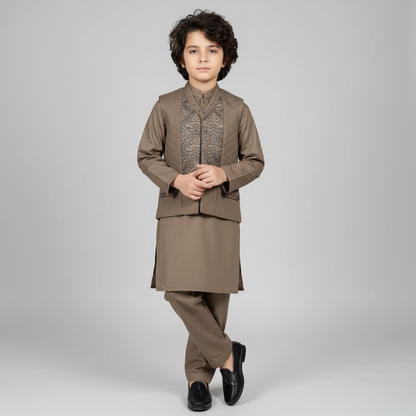 Boys Brown Kurta Shalwar with Stylish Waistcoat - Traditional Outfit 1-4Y