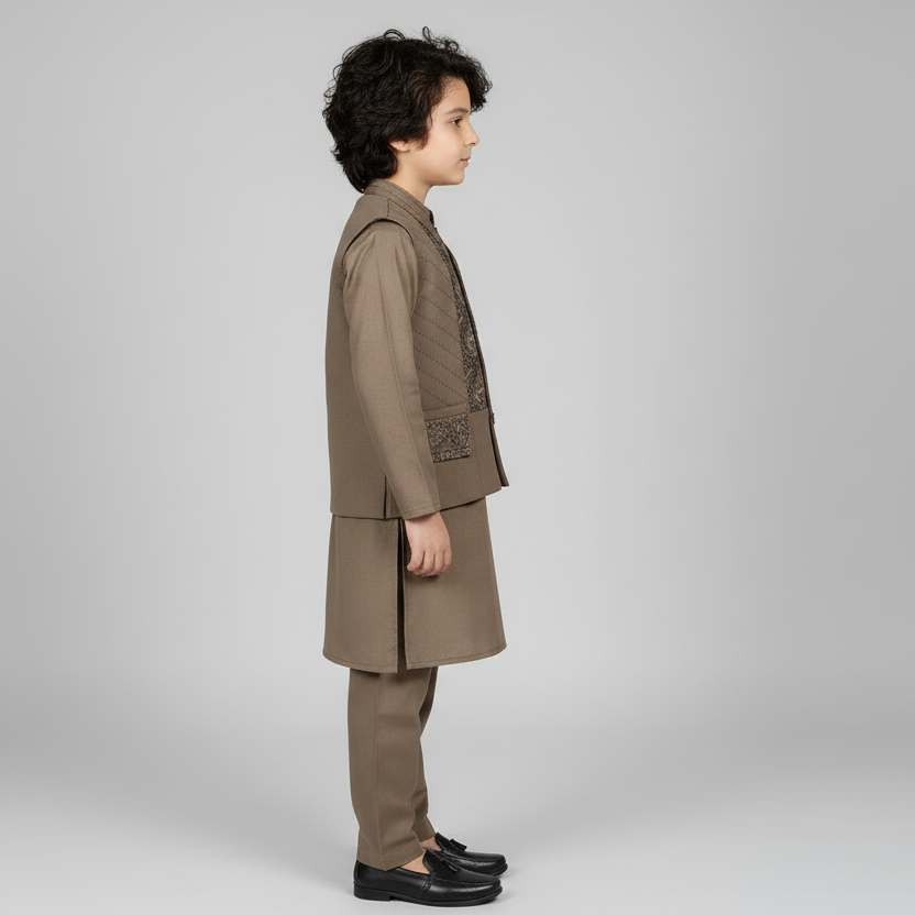 Boys Brown Kurta Shalwar with Stylish Waistcoat - Traditional Outfit 1-4Y