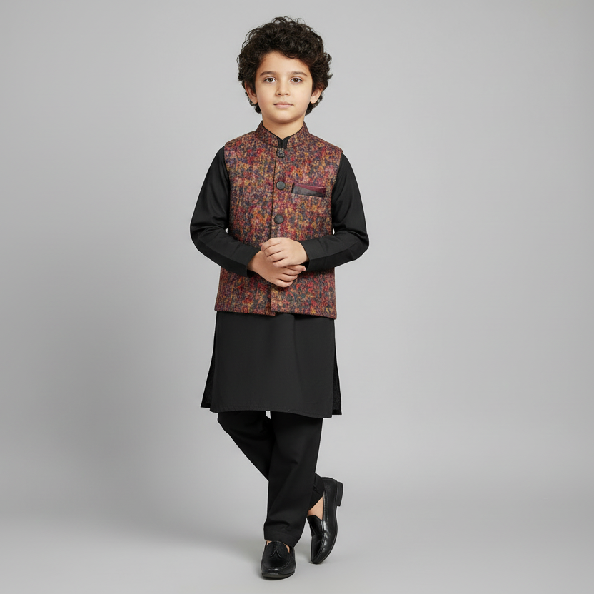 Boys Black Kurta Shalwar with Colorful Waistcoat - Traditional Outfit 1-7Y