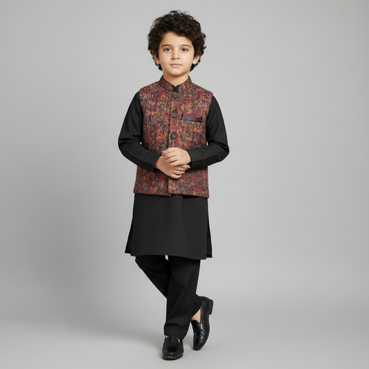 Boys Black Kurta Shalwar with Colorful Waistcoat - Traditional Outfit 1-7Y