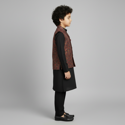 Boys Black Kurta Shalwar with Colorful Waistcoat - Traditional Outfit 1-7Y