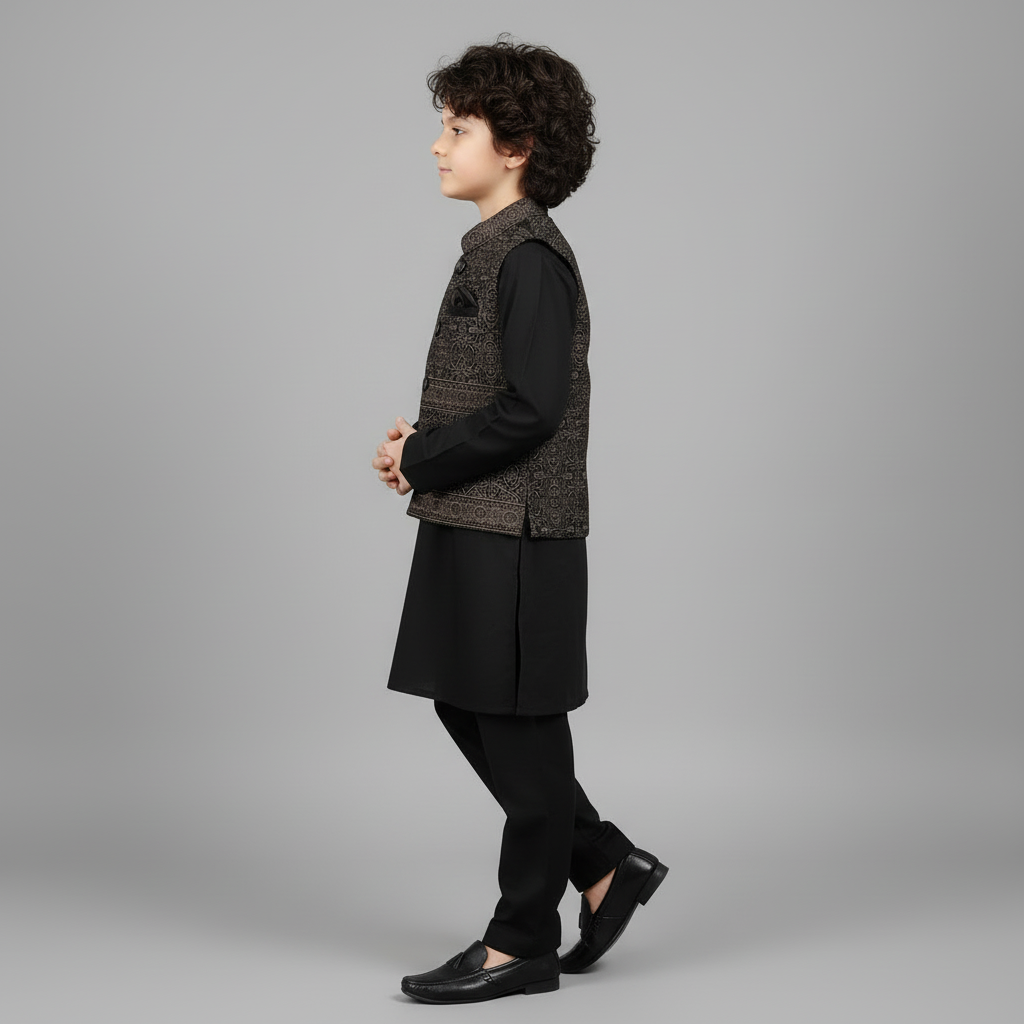 Boys Premium Black Kurta Shalwar with Waistcoat - Traditional Outfit 1-4Y