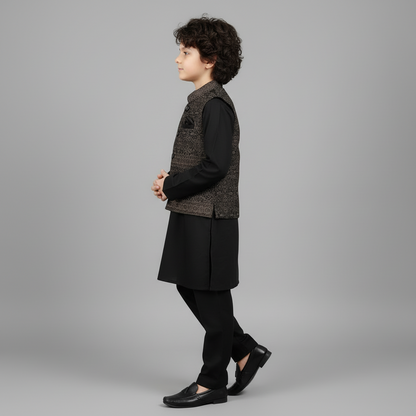 Boys Premium Black Kurta Shalwar with Waistcoat - Traditional Outfit 1-4Y