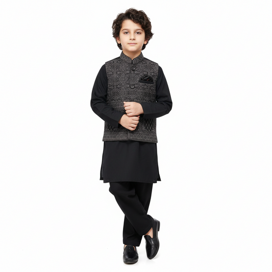 Boys Premium Black Kurta Shalwar with Waistcoat - Traditional Outfit 1-4Y