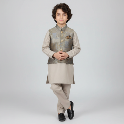 Boys Premium Kurta Shalwar with Embroidered Waistcoat - Traditional Outfit 1-4Y