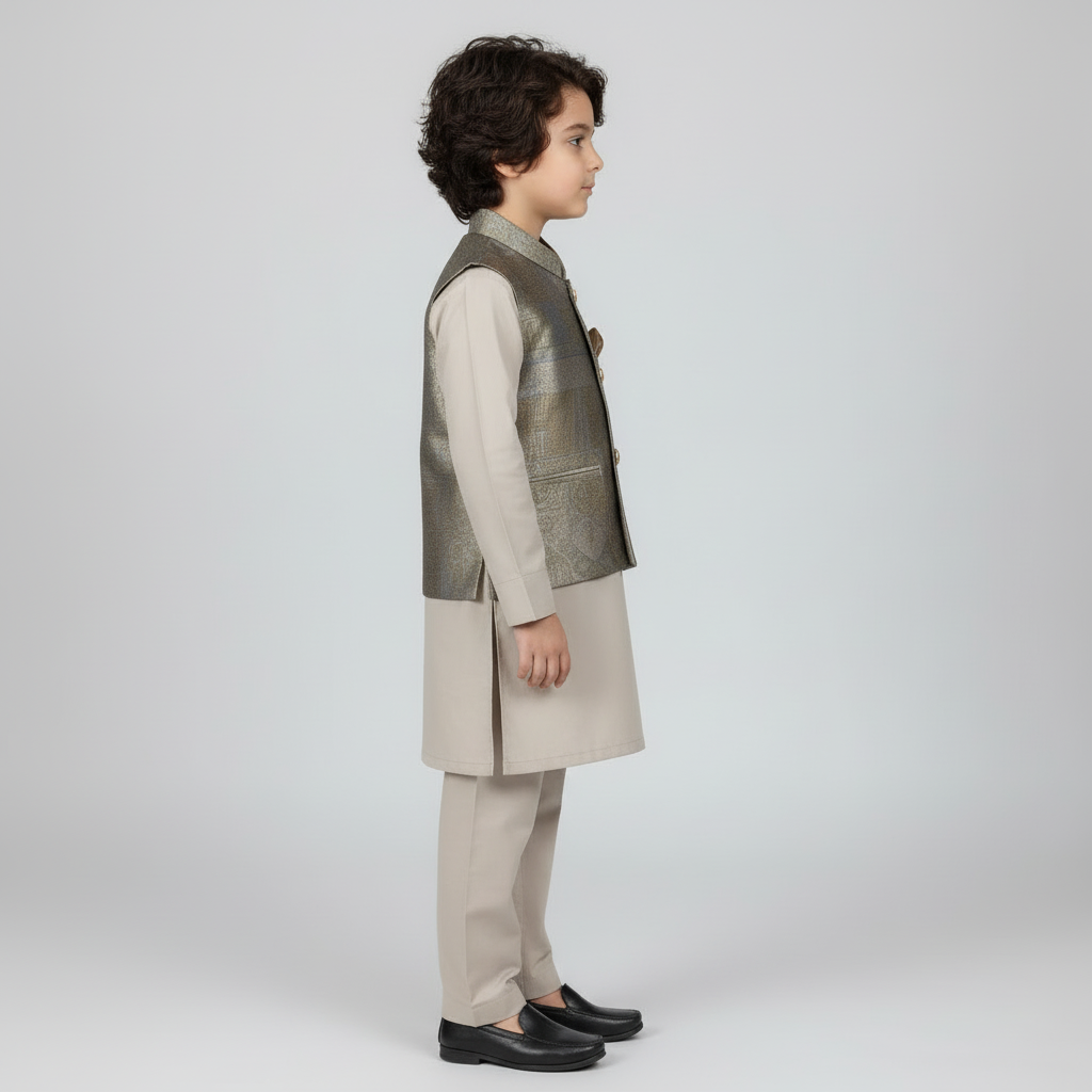 Boys Premium Kurta Shalwar with Embroidered Waistcoat - Traditional Outfit 1-4Y
