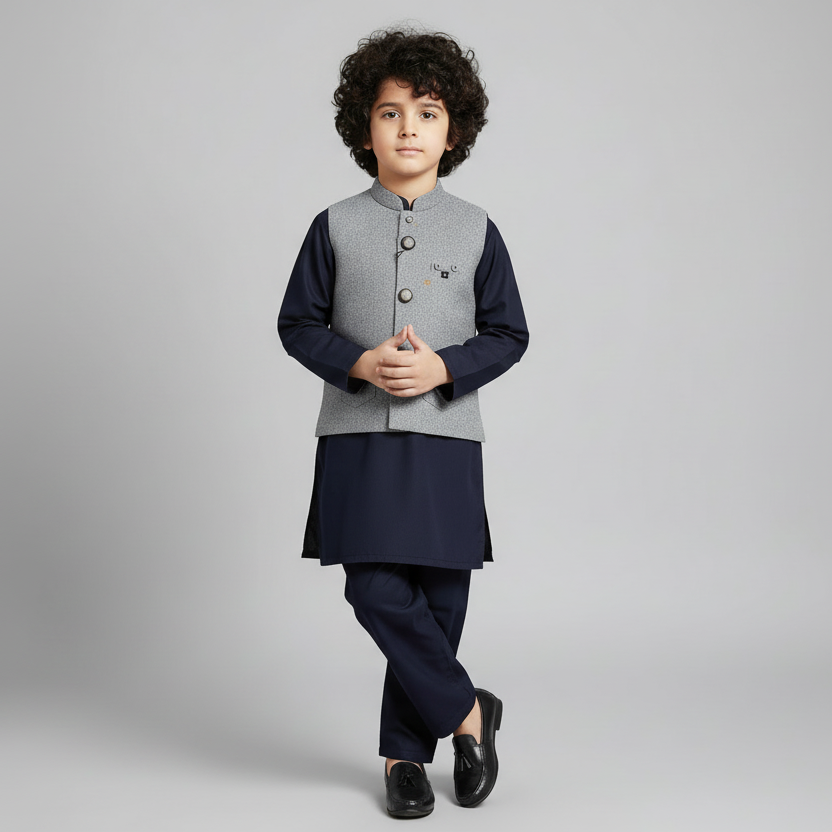 Boys Navy Blue Kurta Shalwar with Elegant Waistcoat - Traditional Outfit 1-4Y
