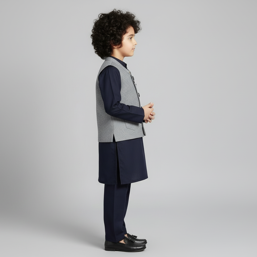 Boys Navy Blue Kurta Shalwar with Elegant Waistcoat - Traditional Outfit 1-4Y
