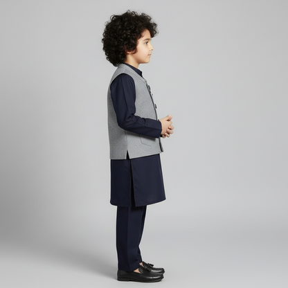Boys Navy Blue Kurta Shalwar with Elegant Waistcoat - Traditional Outfit 1-4Y
