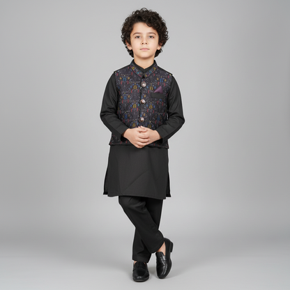 Boys Black Kurta Shalwar with Waistcoat - Traditional Outfit 1-7Y