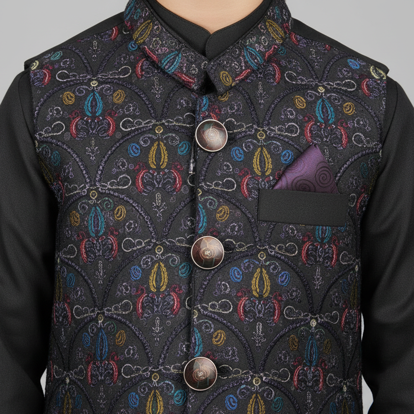 Boys Black Kurta Shalwar with Waistcoat - Traditional Outfit 1-7Y