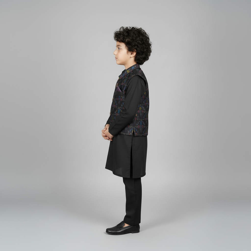 Boys Black Kurta Shalwar with Waistcoat - Traditional Outfit 1-7Y