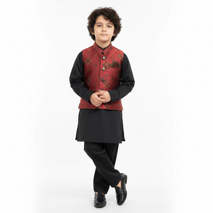 Boys Premium Black Kurta Shalwar with Shiny Maroon Waistcoat - Traditional Outfit 1-7Y