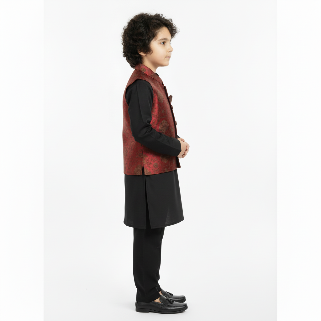 Boys Premium Black Kurta Shalwar with Shiny Maroon Waistcoat - Traditional Outfit 1-7Y