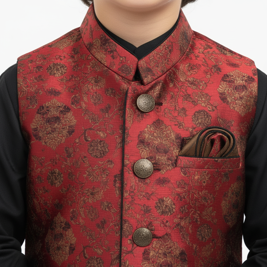 Boys Premium Black Kurta Shalwar with Shiny Maroon Waistcoat - Traditional Outfit 1-7Y