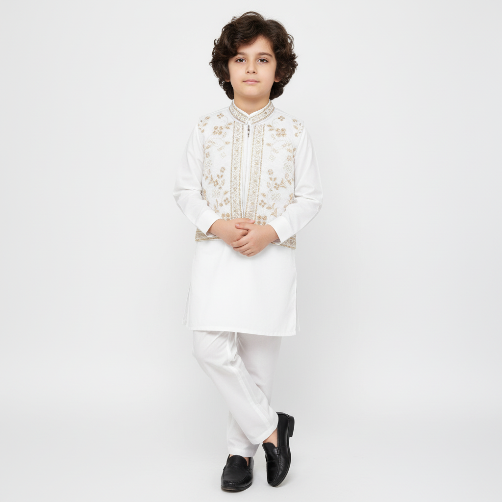 Boys White Kurta Shalwar with Golden Embroidered Waistcoat - Traditional Outfit 1-7Y
