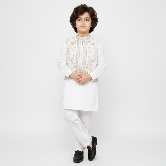 Boys White Kurta Shalwar with Golden Embroidered Waistcoat - Traditional Outfit 1-7Y