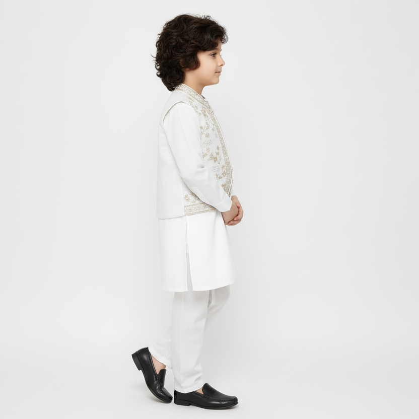 Boys White Kurta Shalwar with Golden Embroidered Waistcoat - Traditional Outfit 1-7Y