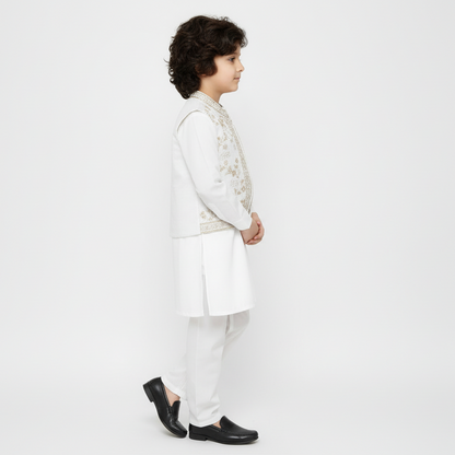 Boys White Kurta Shalwar with Golden Embroidered Waistcoat - Traditional Outfit 1-7Y