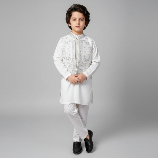 Boys White Kurta Shalwar with Embroidered Waistcoat - Traditional Outfit 1-7Y