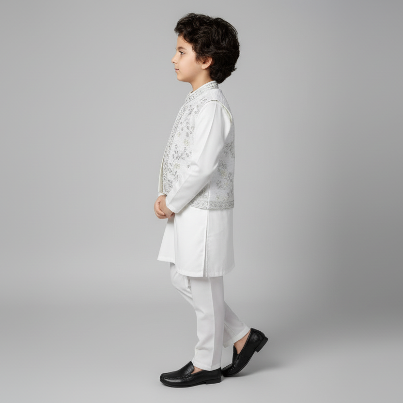 Boys White Kurta Shalwar with Embroidered Waistcoat - Traditional Outfit 1-7Y