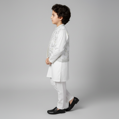 Boys White Kurta Shalwar with Embroidered Waistcoat - Traditional Outfit 1-7Y