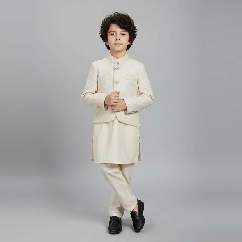 Boys Off-White Shalwar Kameez with Elegant Coat - Traditional Outfit 1-7Y