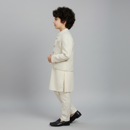 Boys Off-White Shalwar Kameez with Elegant Coat - Traditional Outfit 1-7Y