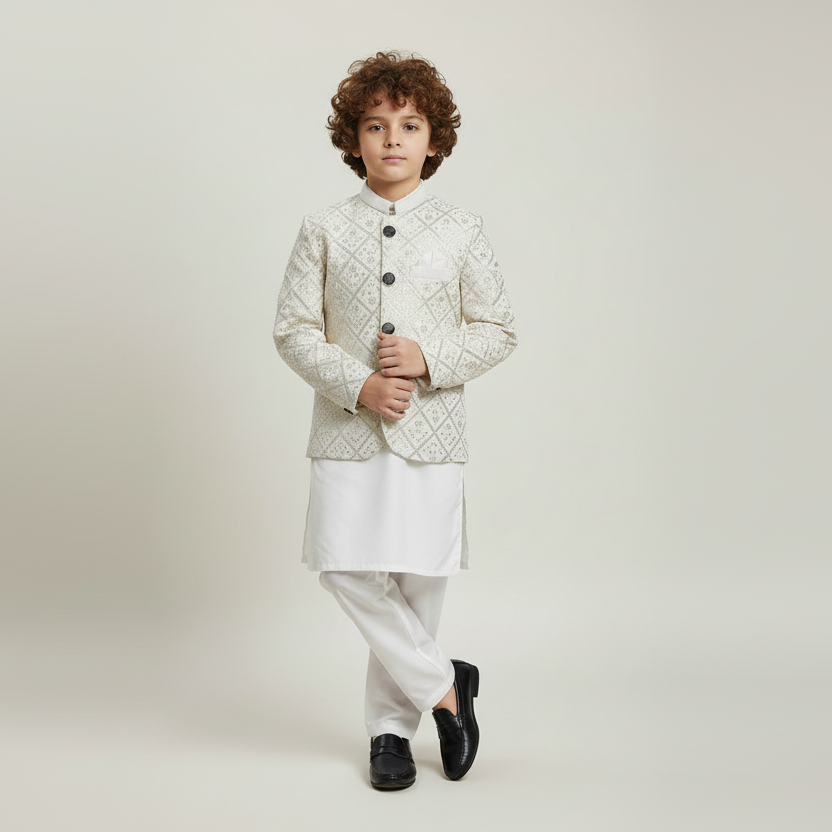 Boys White Kurta Shalwar with Golden Embroidered Coat - Traditional Outfit 1-7Y