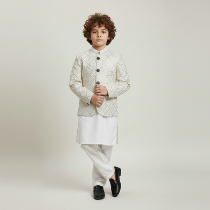 Boys White Kurta Shalwar with Golden Embroidered Coat - Traditional Outfit 1-7Y