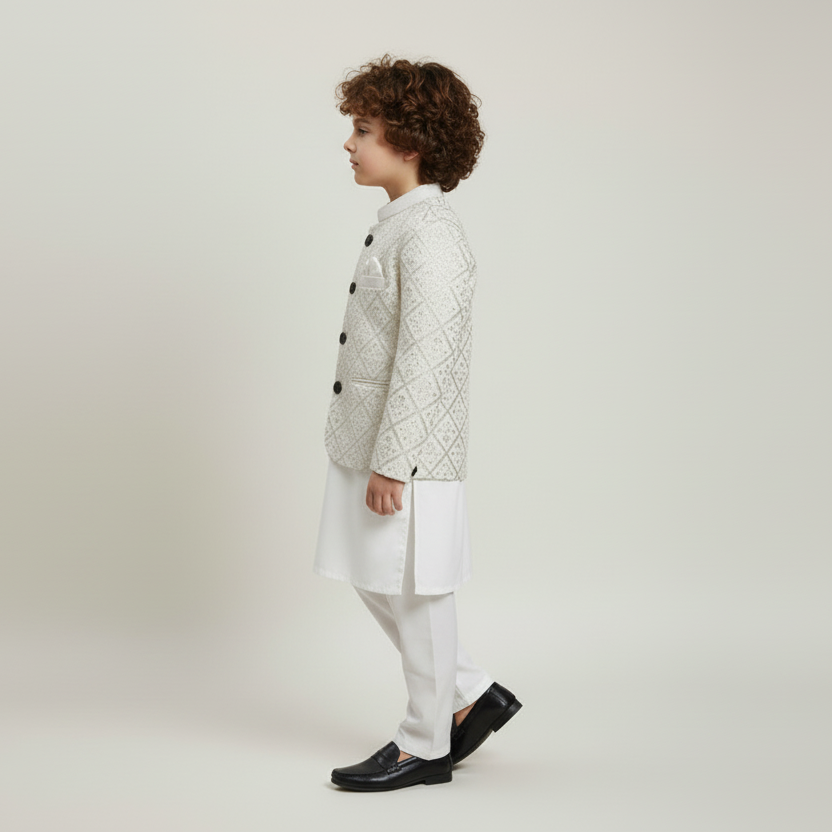 Boys White Kurta Shalwar with Golden Embroidered Coat - Traditional Outfit 1-7Y