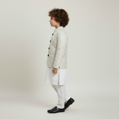 Boys White Kurta Shalwar with Golden Embroidered Coat - Traditional Outfit 1-7Y