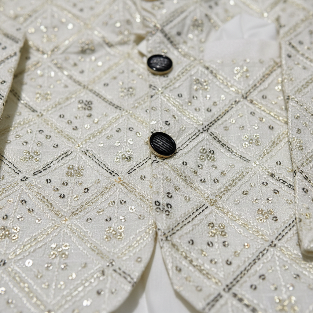 Boys White Kurta Shalwar with Golden Embroidered Coat - Traditional Outfit 1-7Y