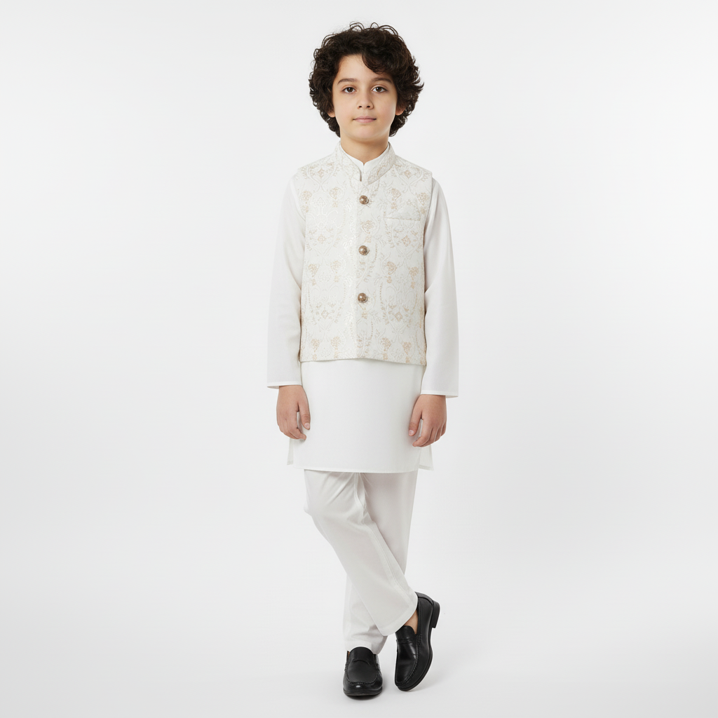 Boys White Shalwar Kameez with Embroidered Waistcoat - Traditional Outfit 1-7Y