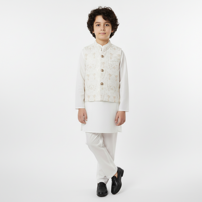 Boys White Shalwar Kameez with Embroidered Waistcoat - Traditional Outfit 1-7Y