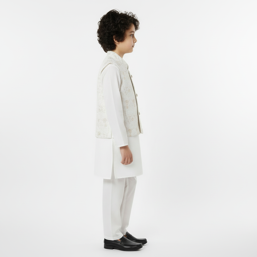 Boys White Shalwar Kameez with Embroidered Waistcoat - Traditional Outfit 1-7Y