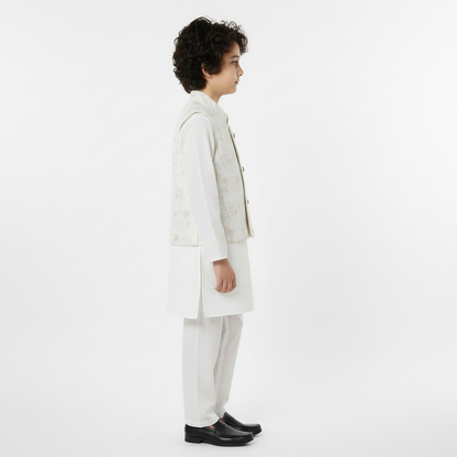 Boys White Shalwar Kameez with Embroidered Waistcoat - Traditional Outfit 1-7Y