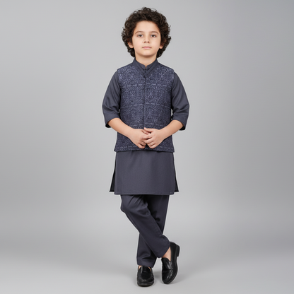 Boys Blue Kurta Shalwar with Embroidered Waistcoat - Traditional Outfit 1-7Y