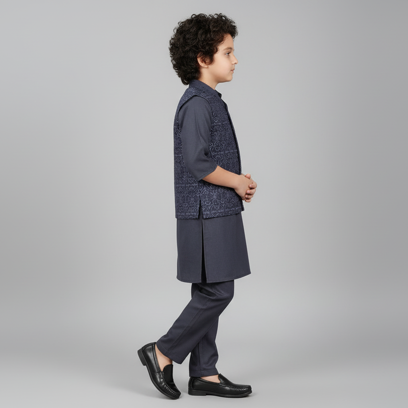 Boys Blue Kurta Shalwar with Embroidered Waistcoat - Traditional Outfit 1-7Y