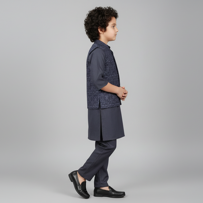 Boys Blue Kurta Shalwar with Embroidered Waistcoat - Traditional Outfit 1-7Y