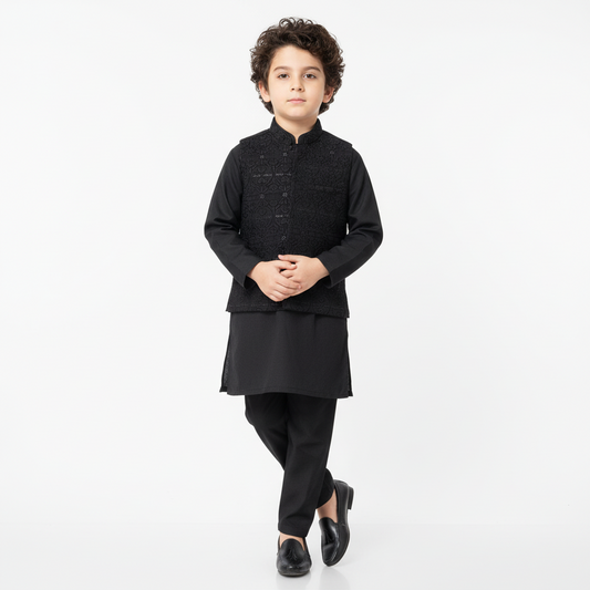 Boys Black Kurta Shalwar with Embroidered Waistcoat - Traditional Outfit 1-7Y