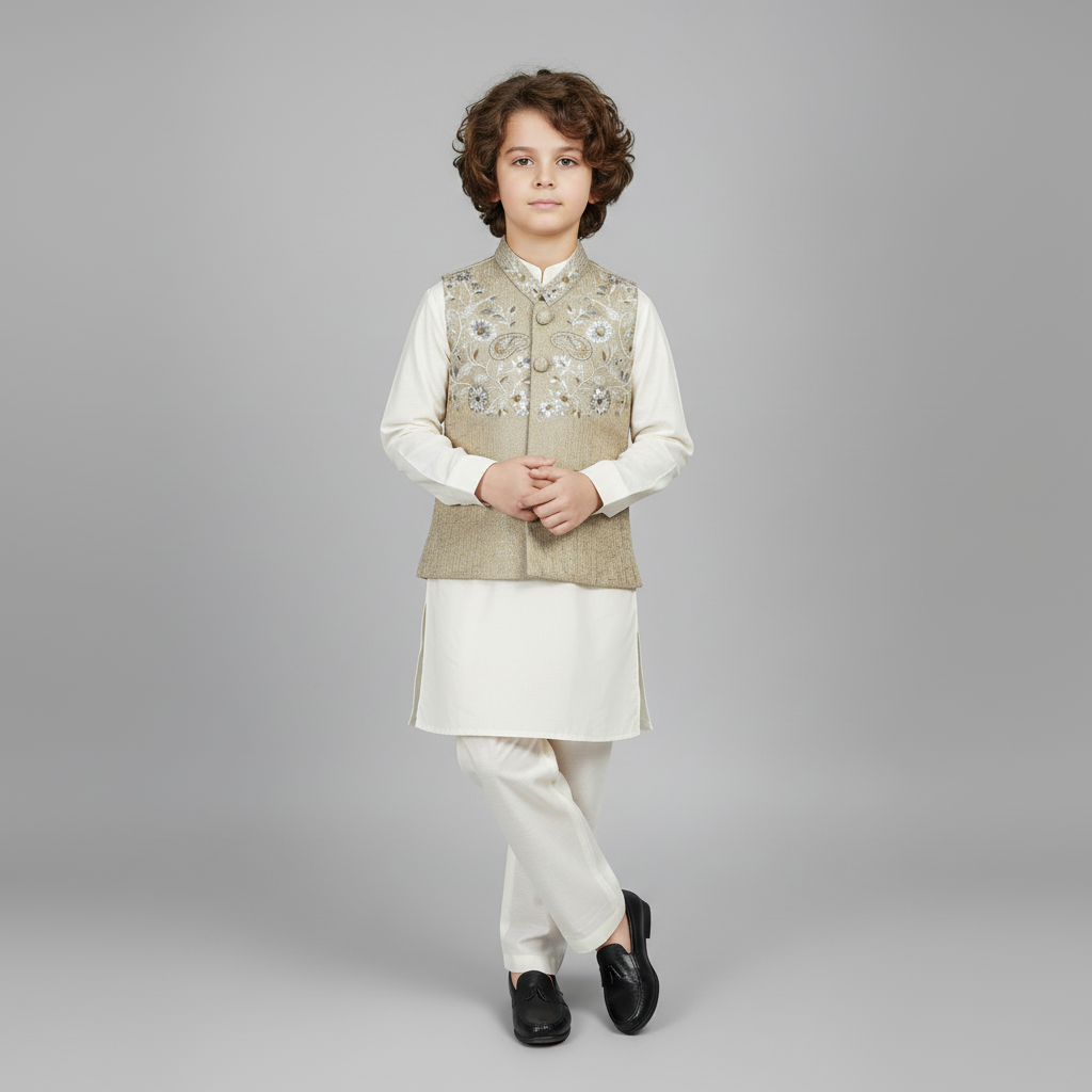 Boys Premium White Kurta Shalwar with Elegant Waistcoat - Wash & Wear 1-7Y