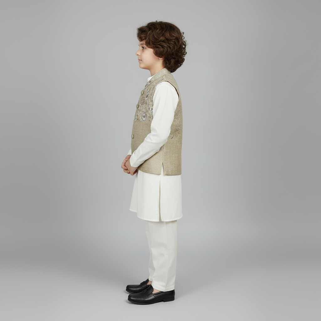 Boys Premium White Kurta Shalwar with Elegant Waistcoat - Wash & Wear 1-7Y