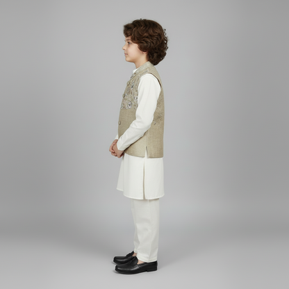 Boys Premium White Kurta Shalwar with Elegant Waistcoat - Wash & Wear 1-7Y