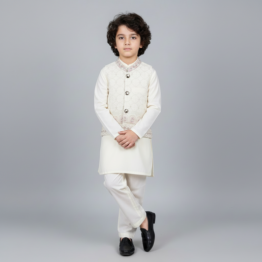 Boys Off-White Kurta Shalwar with Embroidered Waistcoat - Traditional Outfit 1-4Y