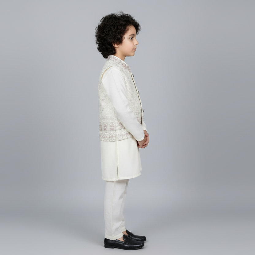Boys Off-White Kurta Shalwar with Embroidered Waistcoat - Traditional Outfit 1-4Y