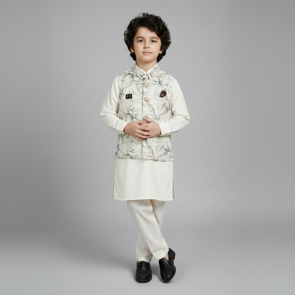 Boys Premium White Kurta Shalwar with Elegant Waistcoat - Wash & Wear 1-4Y