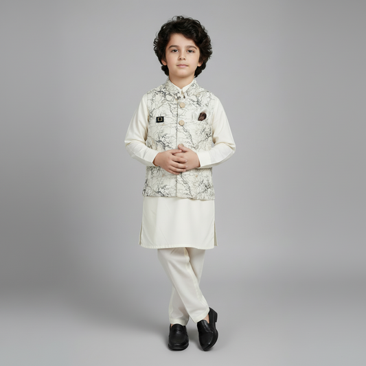 Boys Premium White Kurta Shalwar with Elegant Waistcoat - Wash & Wear 1-4Y