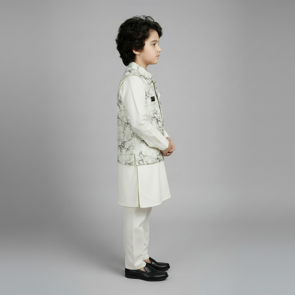 Boys Premium White Kurta Shalwar with Elegant Waistcoat - Wash & Wear 1-4Y